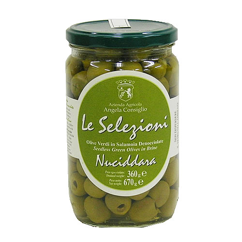 グリーンオリーブ種なし 塩水漬け　670g（固形量360g）　（アンジェラ コンシーリョ）　 Le selezioni Olive verdi in salamoia denocc…